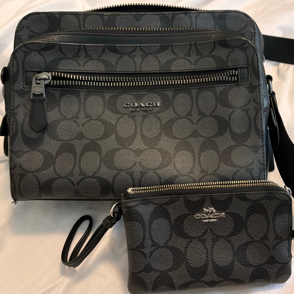 Coach Signature Bag and Double Corner Zip Wristlet Wallet in Smoke/Black